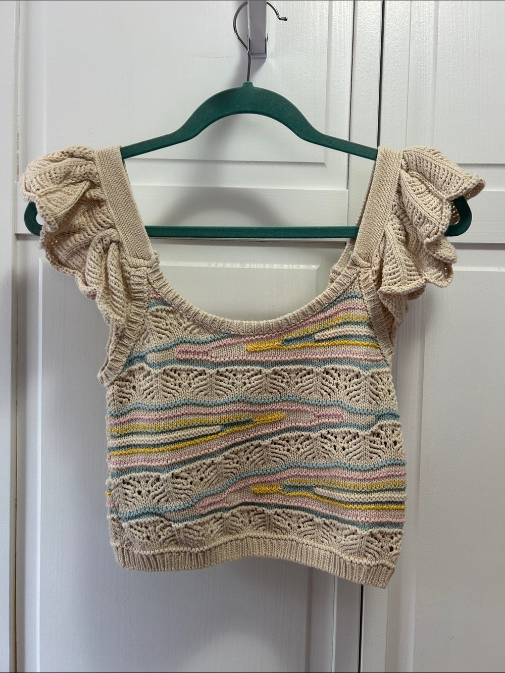 Zara Cream Crochet Crop Top with Pastel Stripes